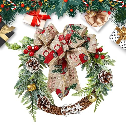 Couronne de Noël extérieure, couronnes de Noël pour porte d'entrée | Couronnes artificielles de porte d'entrée - Couronnes d'hiver avec nœuds, pommes de pin, baies rouges pour le festival de Noël