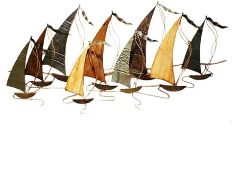 WSNCXFW 3D-Wandkunst aus Metall mit Segelboot, Wanddekoration mit nautischem Küsten-Ozean-Schiff aus Metall in Blau, handgefertigtes hängendes Bootsornament, große Wanddekoration mit Segelboot