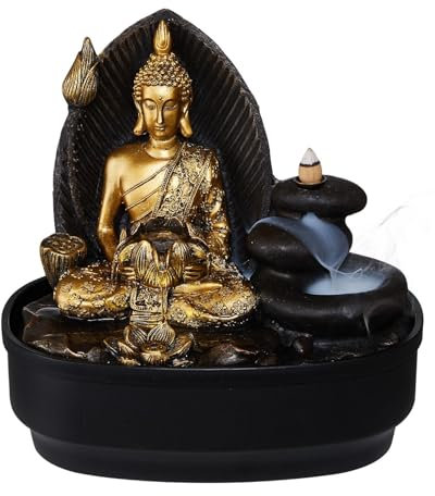 BTGGG Indoor Water Fountain Golden Buddha Tabletop Water Feature with LED Light 27.5 * 19 * 24CM Feng shui Meditation Zen Fountain for Relaxing Indoor Decoration, 3 Pin UK Plug Included