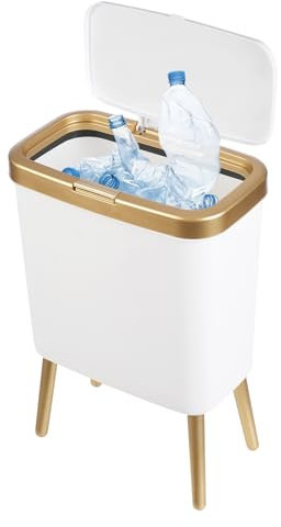 Susoso Cubo de basura de 15 L, con patas elevadas, diseño sellado, apto para familias, para cocinas, 33,2 x 19,6 x 48,5 cm, color blanco, dorado