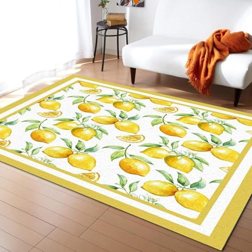 HATEGE Teppich Wohnzimmer 120 x 170 cm Waschbar gelbe Zitrone, Outdoor Teppiche Kurzflor 3D Obst, Carpet Flauschig gelbe Zitrone E-F62