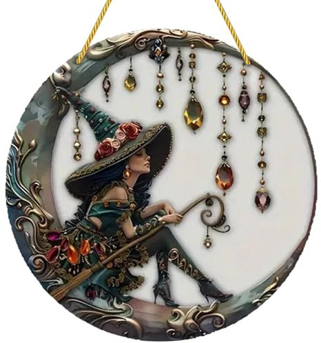 Atrapasueños de bruja para el hogar, decoración de pared de bruja de acrílico, decoración atractiva de bruja en luna, adorno de puerta de bruja con cuerda 2D para sala de estar, cocina, 7.8 x 7.8 x