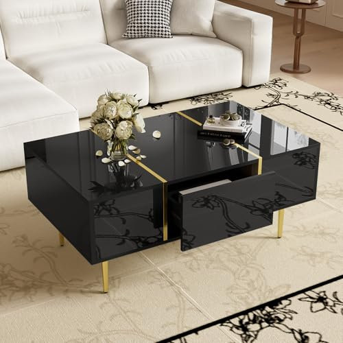 Moderner Couchtisch in Schwarz 2 Schubladen und mit Hochglanz(Schwarz)