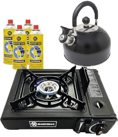 3 In 1 Camping Starter Kit - Includes Gas Stove, 4 Gas Bottles & 2.5L Kettle | Premium Burner, Automatic Ignition & Heat Control | Suitable for Fishing, Camping & Hiking | Lightweight, Essentials