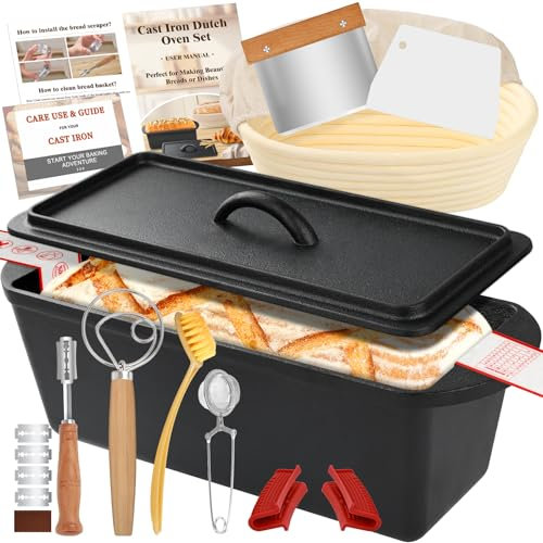 NZQXJXZ 3L Cast Iron Pot Dutch Oven Bread Mould, Banneton Bread Proofing Basket Sourdough Bread Baking Supplies, 2-in-1 Dutch Oven Pot for Loaf Mould, Toast Bread Baking Mould