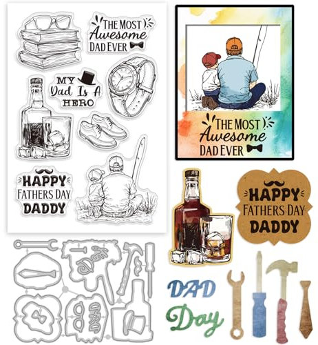 GLOBLELAND Klare Stempel Und Metall Stanzformen Zum Vatertag Angelbücher Whiskey Transparenter Stempel Stanzformen für Vater Und Sohn Zum Gestalten von Karten Prägen Scrapbooking