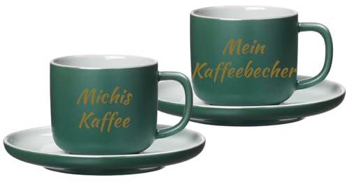 LUXENTU Personalisierte Kaffeetassen mit Untertassen Jasper 2er Set, 200 ml, Goldgefärbte Gravur auf Tassen, 2-zeiliger Gravurbereich für individuellen Text, Steinzeug, Grün
