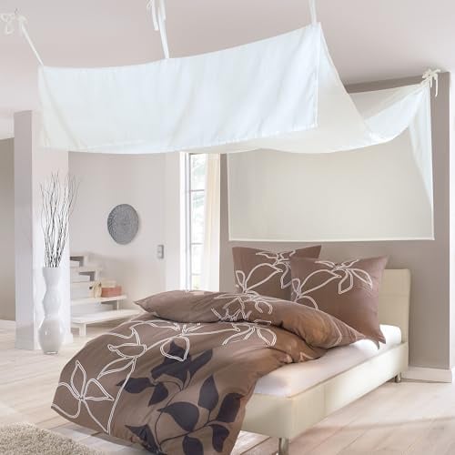Kutti Dekorativer Betthimmel aus Baumwollmischgewebe in Offwhite – romantischer Himmelbett-Vorhang mit Bindebändern & Schraubhaken – für Einzelbetten (Länge 440 cm, Breite 90 cm)