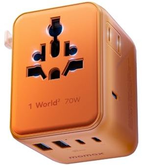 MOMAX Mini 7-in-1 Universal Travel Adapter, GaN 70W Dual AC, 3 USB-C PD & 2 USB-A QC, International Power Charger for 200+ Countries – Compact Travel Adapter for Laptop, Phone, UK/AUS/EU/JP Plug