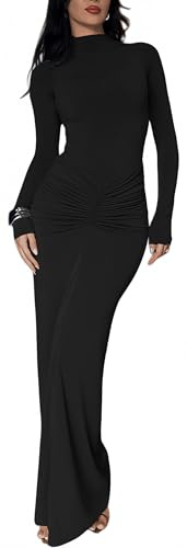 Sukiglam Womens Long Sleeve Maxi Dress Elegant Mock Neck Bodycon Ruched Dresses Autumn Winter Casual Floor Length Dress Slim Fit Stretch Long Dresses for Party Wedding Cocktail Club Evening Gown