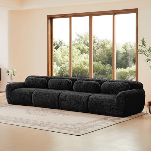 Modulares 4-Sitzer Schlafsofa Schwarz mit Premium-Plüschstoff, 32D-Schaum & Schlaffunktion – XL-Sitzsystem mit Bettenfunktion für Wohnzimmer, Schlafzimmer und Leseecken, Montagefreie Sofalandschaft