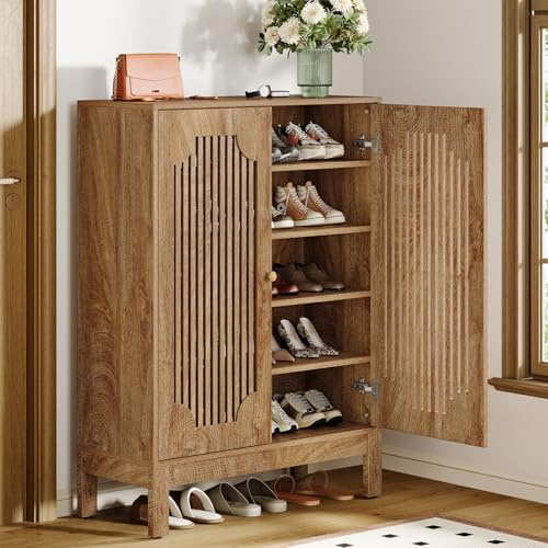 Tribesigns Schuhschrank mit Lamellentüren, 5-stöckiger Schuhschrank mit verstellbaren Regalen, Schuhregal aus Holz für 20 Paar, Holzregal Organizer für Eingangsbereich, Flur, Wohnzimmer (Holzfarbe)