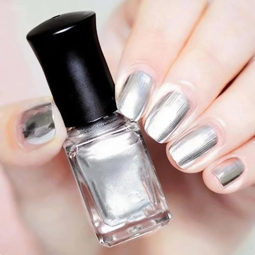 Mirror Effect Metallic Nail Polish, Silver Chrome Varnish Quick Drying, Super Shine Mirror Nail Art for Home Manicure