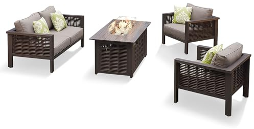 DreamGarden Gartengarnitur Sitzgruppe mit Feuerstelle – 4‑teiliges Garten Möbel Set aus PE‑Rattan & Aluminium, 2‑Sitzer Sofa, 2 Sessel, Feuer Tisch, wetterfest für Terrasse & Garten – Coffee Design
