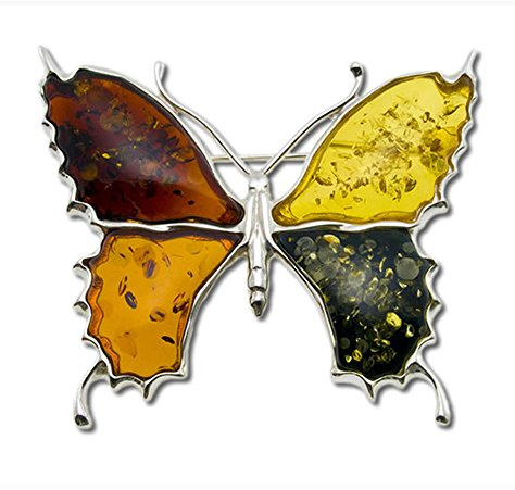 Amber Butterfly Brooch - Sterling Silver Brooch with Natural Baltic Amber, Multicolor. 1.5 Inch x 2 Inch. Handmade in Poland