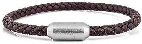 Akitsune Silva Lederarmband Magnetischen Verschluss | 5mm | Armschmuck Damen Herren Edelstahl Schlichtes Armband - Silber - Braun 22,5cm