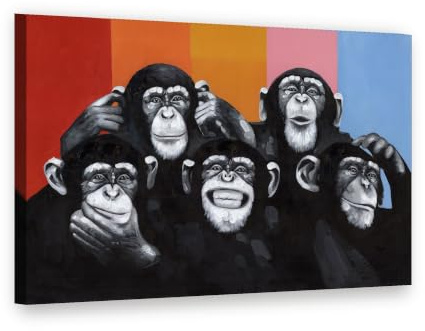 Visario Leinwandbild 80x60 cm 4004 - Fünf Affen vor Regenbogen-Streifen, Pop Art - Wandbild fertig aufgespannt auf Holzrahmen