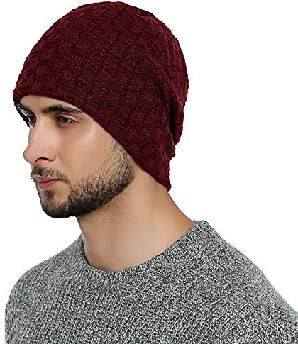 DonDon Mütze Herren Beanie Wintermütze Slouch Strickmütze mit warmen Fleece Innenfutter dunkelrot