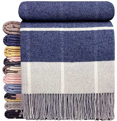 STTS International Kaschmir Decke Wolldecke Wohndecke Merinowolle - Kaschmir - Mix 140 x 200 cm sehr weiches Plaid Kuscheldecke Faro (Dunkelblau (Karo))