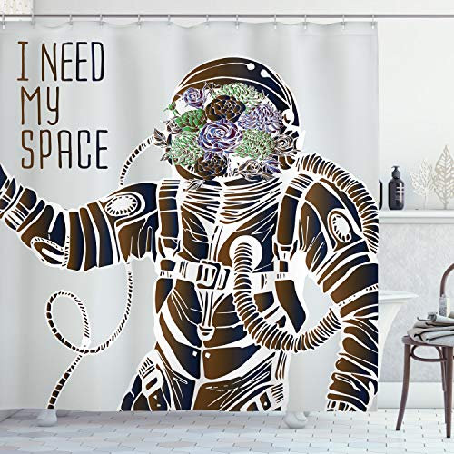 ABAKUHAUS Astronaut Duschvorhang, Pilot Man Illustration, Stoffliches Gewebe Badezimmerdekorationsset mit Haken, 175 x 180 cm, Braun Grau