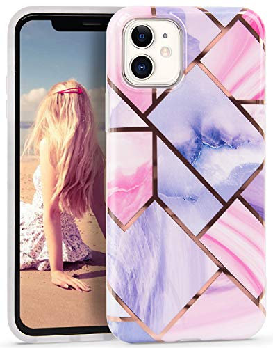 Imikoko iPhone 11 Marble Case 6.1 Silver Striped Sparkle Phone Cover Thin Shockproof Glitter Clear Bumper Glossy Bling Soft Silicone Protective Cases - Pink Lavender Splice