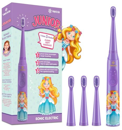 Vekkia Sonic Rechargeable Kids Electric Toothbrush, 3 Modes with Memory, Fun & Easy Cleaning, 24000 Strokes, IPX7 Waterproof, 2-Min Timer for Age 5+, 4 Soft Bristles(Purple)