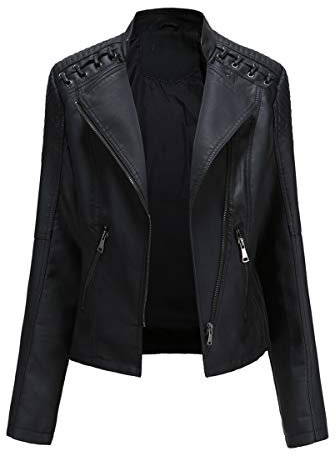 Yynuda, Giacca da motociclista da donna in ecopelle, elegante, con cerniera, classica, corta, Nero , M