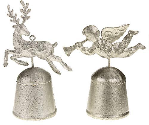 MACOSA GR038-57164 Glöckchen 2er Set Engel/Hirsch silber Adventsdeko Weihnachtsdeko Glocken Dekoration Weihnachten Tannenbaum