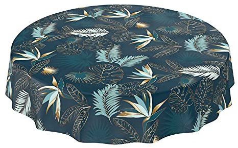 ANRO Wachstuchtischdecke abwaschbar Garten Tischdecke Wachstuch Rund Oval Eckig Indoor Outdoor Blätter Gold Blau Rund 100cm