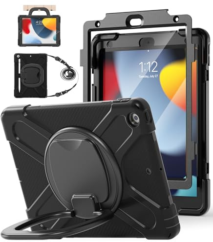 BATYUE for iPad 9th/ 8th/ 7th Generation Case (iPad 10.2 inch Rugged Case 2021/2020/2019) with Screen Protector, Rotating Stand/Pencil Holder/Carrying Shoulder Strap (Black)