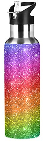 TropicalLife Bouteille d'eau de sport arc-en-ciel à paillettes avec paille isolée sous vide, en acier inoxydable, pour adultes, femmes, hommes, enfants, filles, garçons, école, course à pied, 600 ml