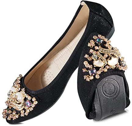 MACHSWON Womens Folding Pumps Roll up Wedding Dress Shoes Foldable Bling Ballet Flats with Beautiful Rhinestone Portable Ladies Slip On Loafers(Black, Size 5)