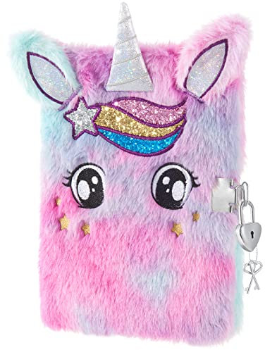 WERNNSAI Unicorn Plush Notebook - Sparkly Journal Unicorn Diary for Girls Kids Gift Embroidery Fuzzy A5 Secret Lined Notebook School Office Writing Drawing Notepad with Locks and Keys