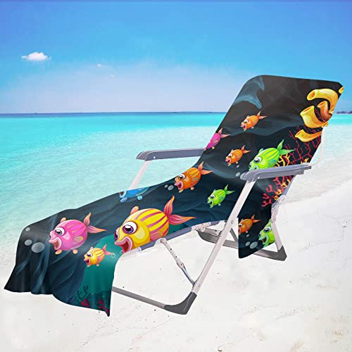 Surwin Housse de Chaise de Plage, Poisson Couverture de Chaise Longue de Plage Serviette de Plage avec Poche Portable Serviette de Bain de Soleil pour Jardin Piscine (Poisson Rose,75x210cm)