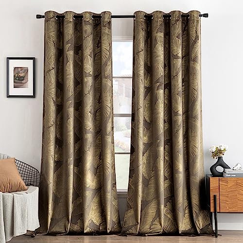 MIULEE Vorhänge Samt mit Goldfolie Blätter Muster, 2 Stück Taupe Samt Gardinen mit Ösen, Jedes 245 cm Hoch, Superweich Samt Vorhang Blickdicht für Deko Wohnzimmer Schlafzimmer, Schöne Samtvorhang