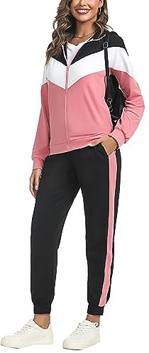 Marvmys Survêtement Femme Couleurs Contrastées élégant Sport Ensemble Sportwear à Manches Longues Zippé Pour Fitness Jogging rose foncé XL