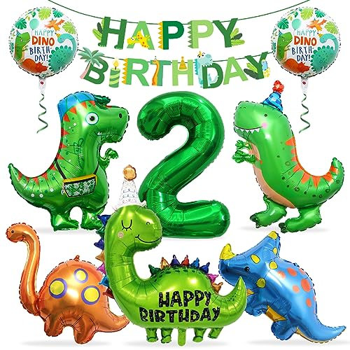 Dino Geburtstag Deko 2 Jahre, Folienballon Dinosaurier mit Happy Birthday Girlande, Dino Luftballons Geburtstag 2, Dinosaurier Ballon 2, Dinosaurier Luftballon Helium, für Kindergeburtstag Party