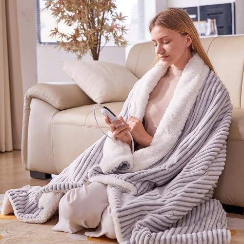 YDW Electric Heated Throw Blanket - 130x180cm Stripe Flannel Electric Overblanket for Sofa Bed Office Use, 6 Heat Levels&10 Time Settings, Machine Washable, Black White, Single