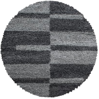 Carpettex Hochflor Teppich Wohnzimmer Shaggy Flokati Teppich Modern Kariert Design 160 cm Rund Grau - Teppich Schlafzimmer Weich Flauschig Waschbar Teppich Küche Esszimmer - Langflor Teppiche