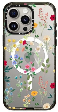 CASETiFY Impact Case for iPhone 15 Pro Max [4X Military Grade Drop Tested / 8.2ft Drop Protection/Compatible with Magsafe] - Spring Botanicals 2 - Clear Black