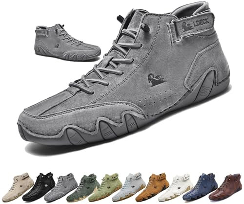 Uomo Stivali Alti in Pelle Scamosciata Fatti a Mano, Beck Scarpe Uomo Impermeabili Antiscivolo Leggere Traspiranti Stivali Uomo for l'escursionismo e la Guida (Color : Grigio, Size : 46 EU)