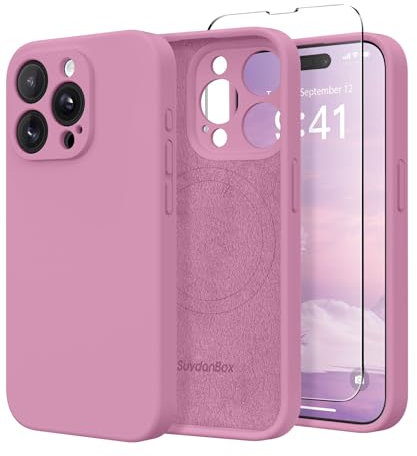 SuydanBox Silikon-Schutzhülle für iPhone 15 Pro Max, kompatibel mit MagSafe, Kameraschutz, Displayschutzfolien, schlanke, stoßfeste Schutzhülle, SchwarzeJohannisbeere