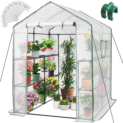 Greengro Gewächshaus, 144 x 144 x 198 cm, tragbares Gewächshaus-Set mit Netz-Seitenfenstern, PE-Abdeckung, 8 Ablagen, robustes begehbares Gewächshaus für Hinterhof, Garten, drinnen und draußen