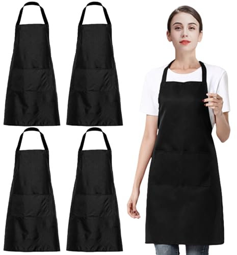 EUPSIIU 4 Stücke Verstellbare Schürze mit 2 Taschen, Küchenschürzen für Männer Damen, Kochschürze für Die Küche für Küche, Restaurant, Café, Backen, Malen, Hausarbeit, Grillen, 60 x 70 cm (Schwarz)
