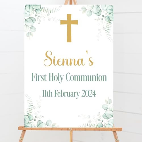 Blossom Lane First Holy Communion Party Welcome Sign Custom Personalised Green and Golf Floral Cross