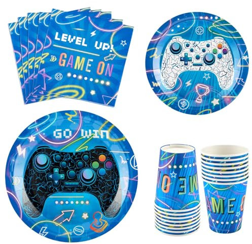 WERNNSAI Videospielparty – 64 teiliges Gamer Geburtstagsparty Dekorationset für Jungen Gaming Abend Geschirrset Ess Dessertteller Servietten für 16 Gäste Game Party Supplies Set