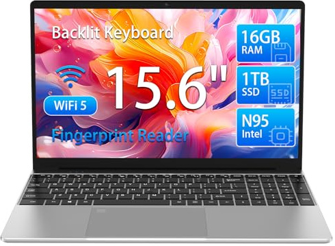 Molegar 15.6 FHD Laptop,Portable Laptop Computer with Backlit Keyboard,180 ° Angle Opening,Fingerprint Reader,38WH Battery,Webcam,WiFi 5,BT 4.2,Mini HDMI,USB 3.0 (16GB DDR4 RAM 1TB SSD, Silver)