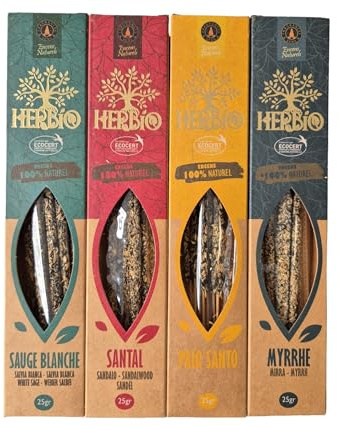 BOEMY BOEMY Herbio Räucherstäbchen, 4 Stück, verschiedene Düfte aus Myrrhe, Zimt, Palo Santo, Vanille, Rosmarin, Sandelholz, Aromatherapie und Wohlbefinden