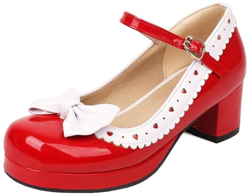 Women Block Heel Mary Jane Shoes with Platform Bows Mid Heel Shoes Round Toe Buckle Elegant Court Shoes, U28792UU Red Size 4.5 UK/38