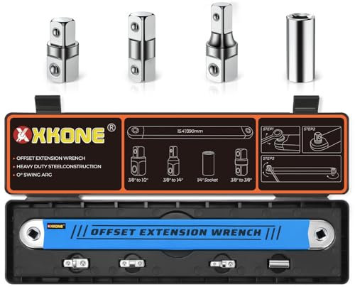 XKONE Offset Extension Wrench Set,15.4 Wrench with 1/4,3/8,1/2 Square Drive Adapters and 1/4 Socket for Tight Spaces..